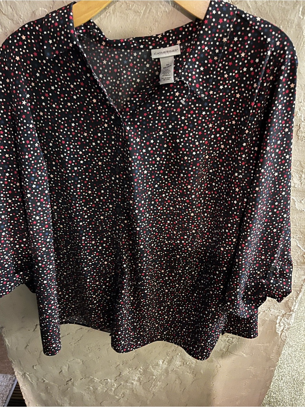 Catherines 3X Red, White & Blue Star Print Button Front Blouse